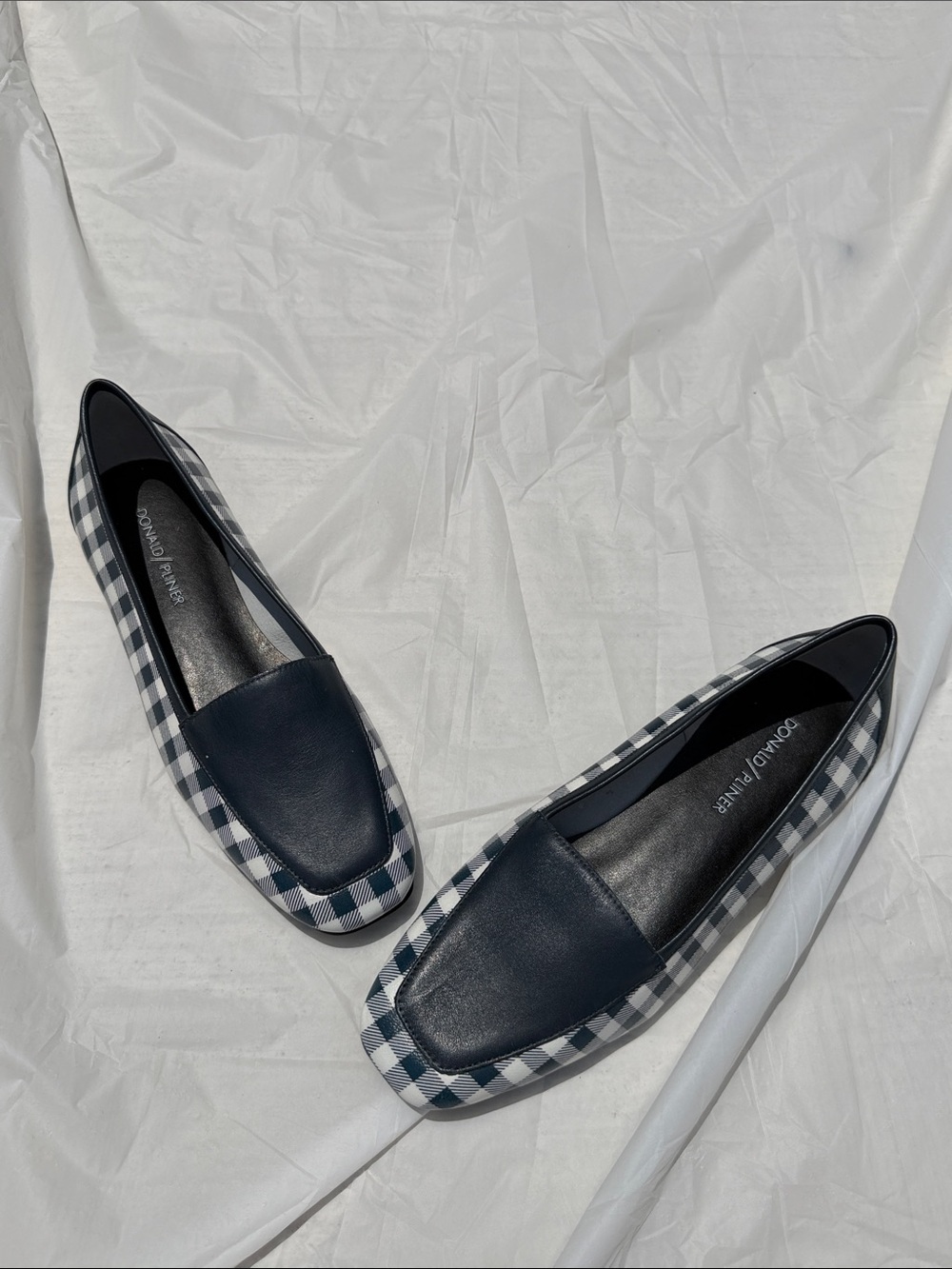 Donald J. Pliner Navy and White Gingham Leather Loafers